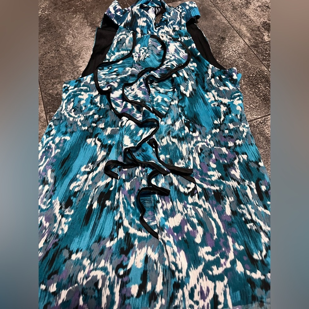 Gorgeous Dressy Teal/Black/White High Neck Sleeveless Ruffle Top - Picture 2 of 5